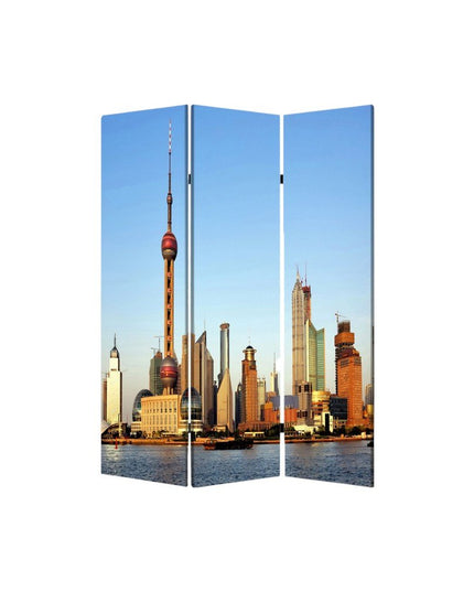 72" Blue Reversible China Cityscape Canvas Folding Three Panel Screen Room Divider