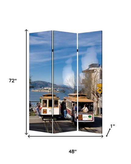 72" Blue And White Canvas Folding Three Panel Screen Room Divider