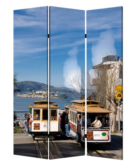 72" Blue And White Canvas Folding Three Panel Screen Room Divider