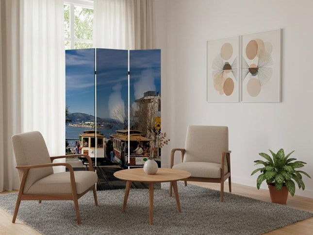 72" Blue And White Canvas Folding Three Panel Screen Room Divider