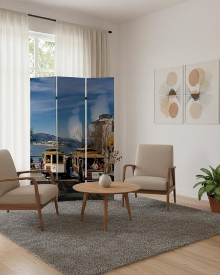 72" Blue And White Canvas Folding Three Panel Screen Room Divider