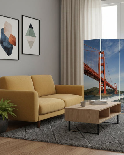 72" Blue And White Canvas Folding Three Panel Screen Room Divider