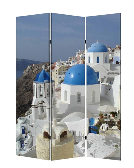 72" Blue And White Canvas Folding Three Panel Screen Room Divider