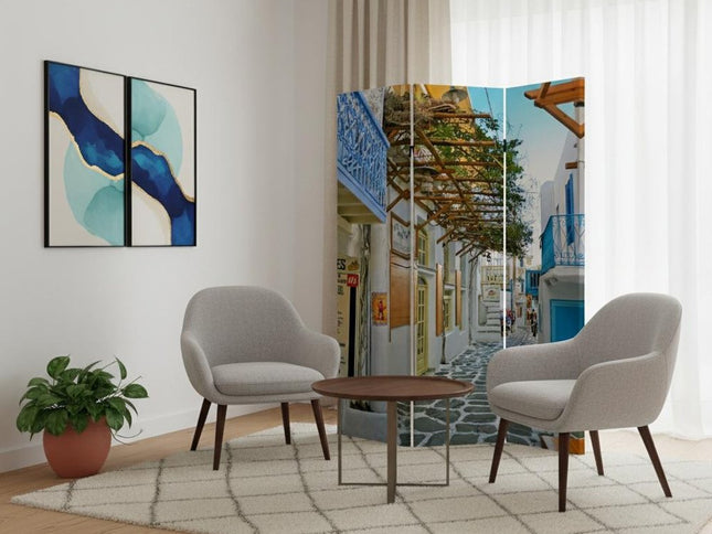 72" Blue And White Canvas Folding Three Panel Screen Room Divider