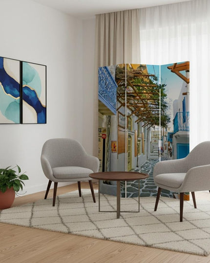 72" Blue And White Canvas Folding Three Panel Screen Room Divider