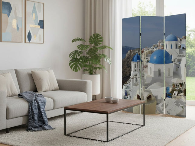 72" Blue And White Canvas Folding Three Panel Screen Room Divider