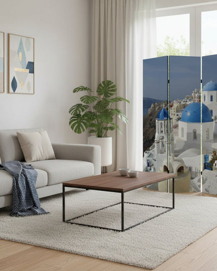 72" Blue And White Canvas Folding Three Panel Screen Room Divider