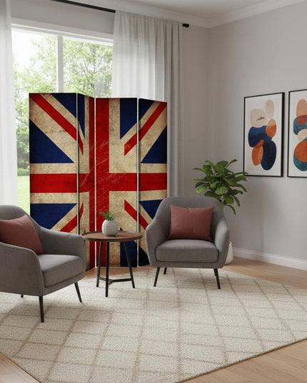 84" Blue And White Canvas Folding Four Panel Screen Room Divider