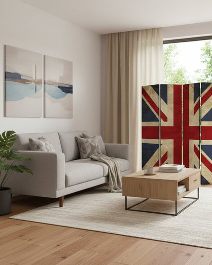 84" Blue And White Canvas Folding Four Panel Screen Room Divider