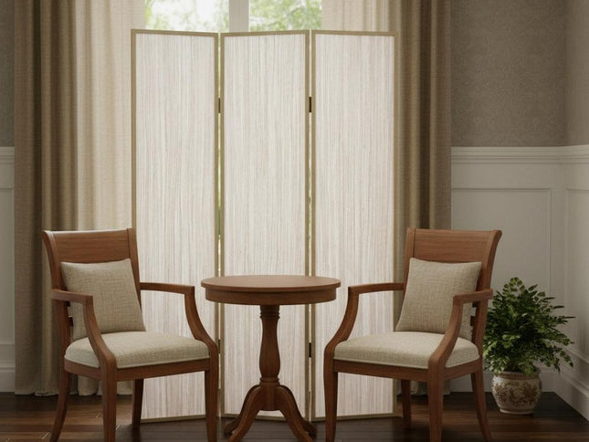 71" Beige Folding Three Panel Screen Room Divider