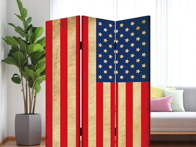 72" Blue And White Canvas Folding Three Panel Screen Room Divider