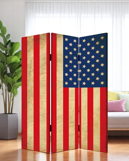 72" Blue And White Canvas Folding Three Panel Screen Room Divider