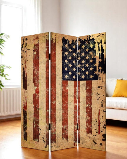 72" Blue And White Canvas Folding Three Panel Screen Room Divider