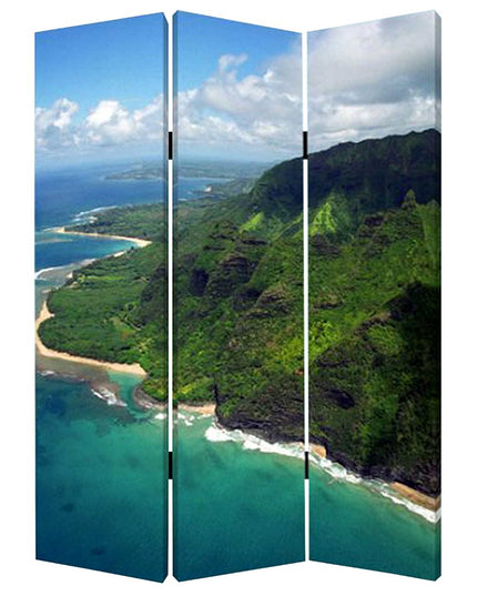 72" Blue And Green Canvas Folding Three Panel Screen Room Divider