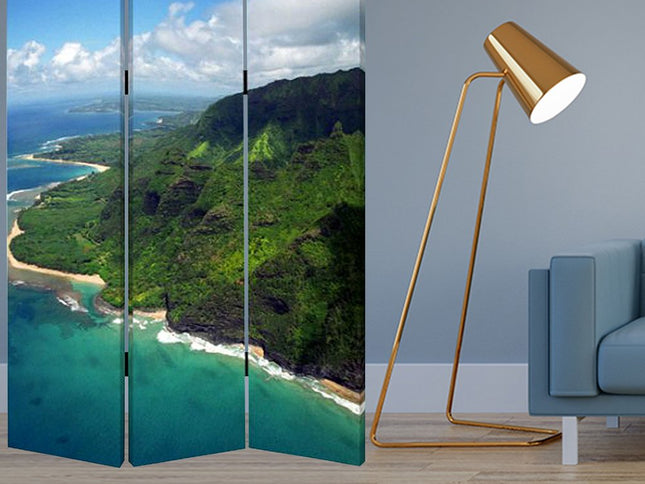 72" Blue And Green Canvas Folding Three Panel Screen Room Divider