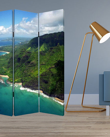 72" Blue And Green Canvas Folding Three Panel Screen Room Divider