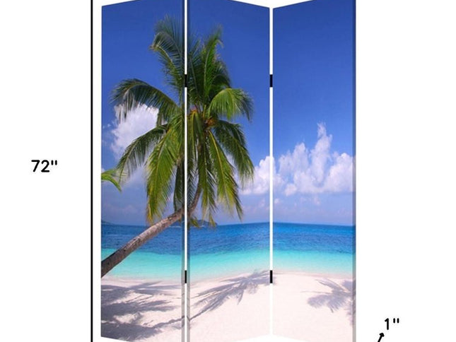 72" Blue And Green Canvas Folding Three Panel Screen Room Divider