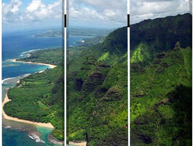 72" Blue And Green Canvas Folding Three Panel Screen Room Divider