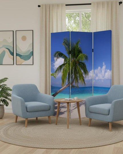 72" Blue And Green Canvas Folding Three Panel Screen Room Divider