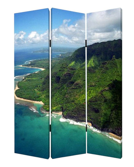 72" Blue And Green Canvas Folding Three Panel Screen Room Divider