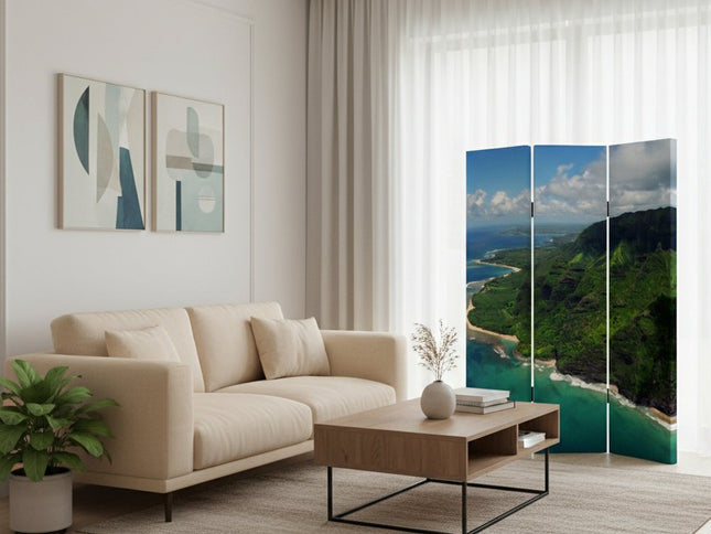 72" Blue And Green Canvas Folding Three Panel Screen Room Divider