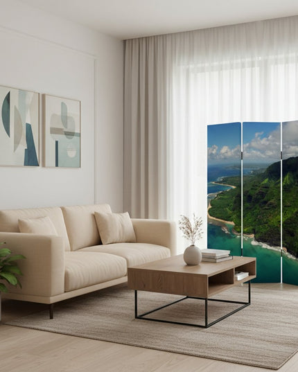 72" Blue And Green Canvas Folding Three Panel Screen Room Divider