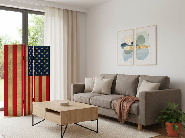 72" Red White And Blue American Flag Reversible Canvas Folding Three Panel Room Divider