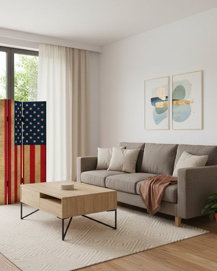72" Red White And Blue American Flag Reversible Canvas Folding Three Panel Room Divider