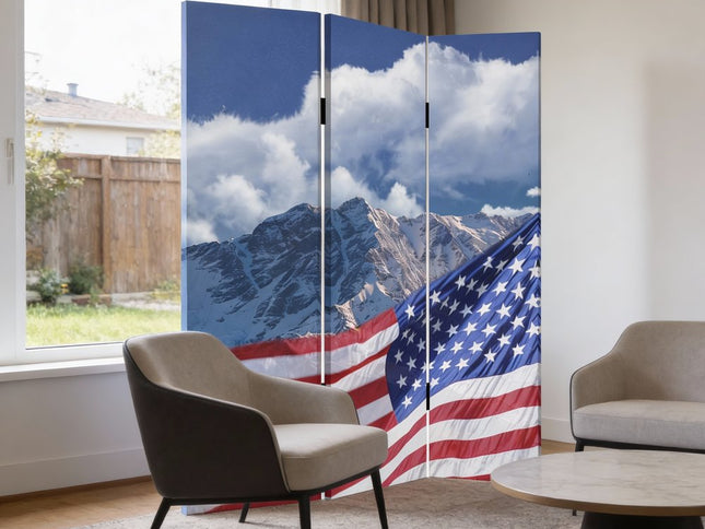 72" Red White And Blue American Flag Reversible Canvas Folding Three Panel Room Divider
