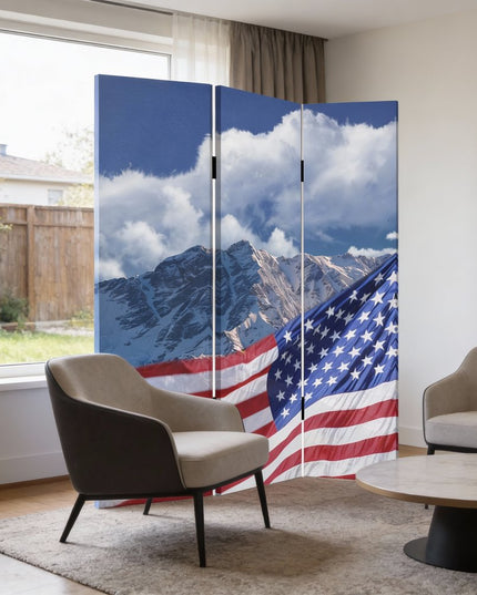 72" Red White And Blue American Flag Reversible Canvas Folding Three Panel Room Divider
