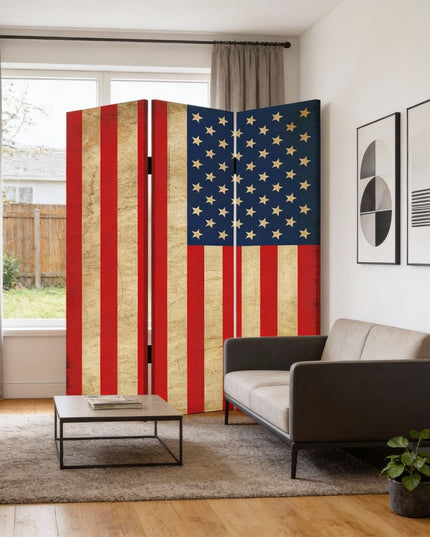 72" Red White And Blue American Flag Reversible Canvas Folding Three Panel Room Divider