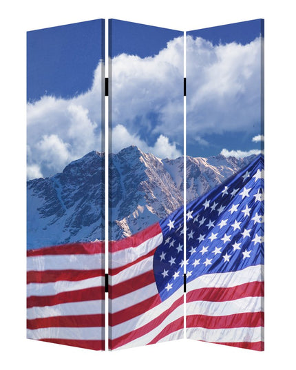 72" Red White And Blue American Flag Reversible Canvas Folding Three Panel Room Divider