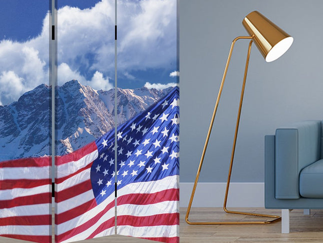 72" Red White And Blue American Flag Reversible Canvas Folding Three Panel Room Divider