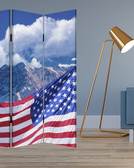 72" Red White And Blue American Flag Reversible Canvas Folding Three Panel Room Divider