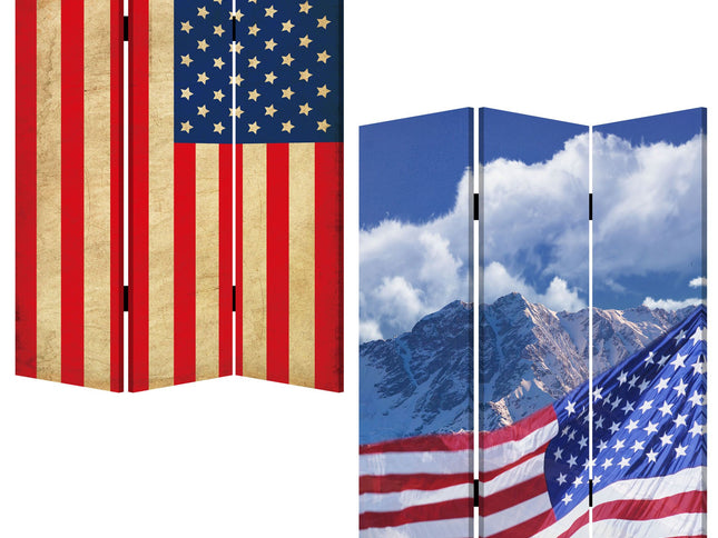 72" Red White And Blue American Flag Reversible Canvas Folding Three Panel Room Divider