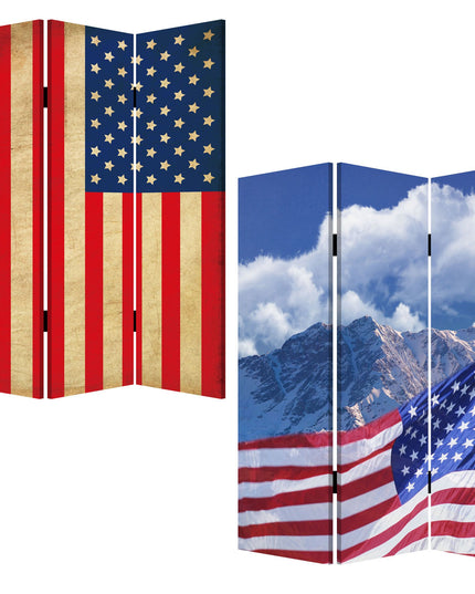 72" Red White And Blue American Flag Reversible Canvas Folding Three Panel Room Divider