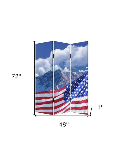 72" Red White And Blue American Flag Reversible Canvas Folding Three Panel Room Divider