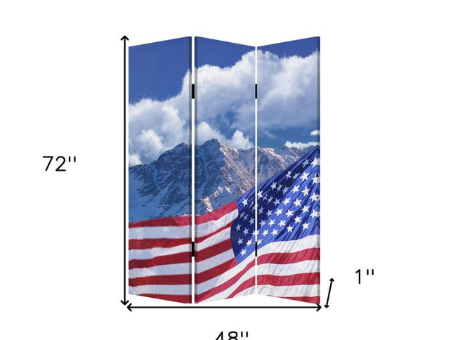 72" Red White And Blue American Flag Reversible Canvas Folding Three Panel Room Divider