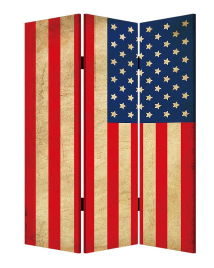 72" Red White And Blue American Flag Reversible Canvas Folding Three Panel Room Divider