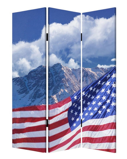 72" Red White And Blue American Flag Reversible Canvas Folding Three Panel Room Divider