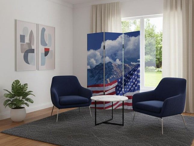 72" Red White And Blue American Flag Reversible Canvas Folding Three Panel Room Divider
