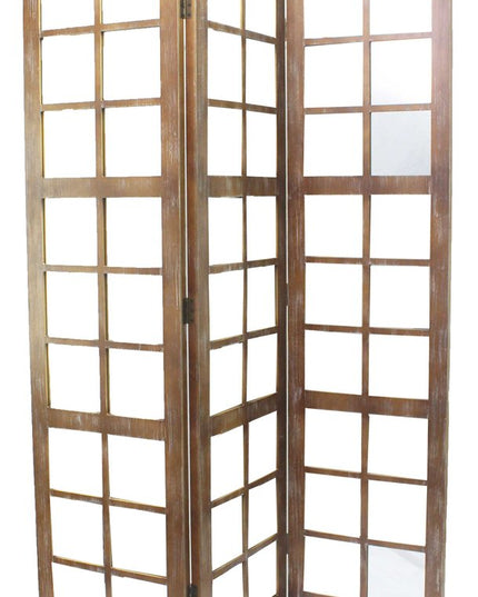 84" Brown Glass Folding Three Panel Screen Room Divider