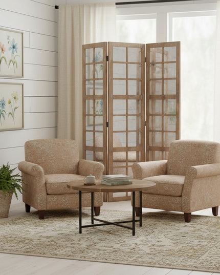 84" Brown Glass Folding Three Panel Screen Room Divider