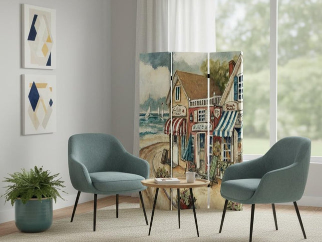 72" Beige Canvas Folding Three Panel Screen Room Divider