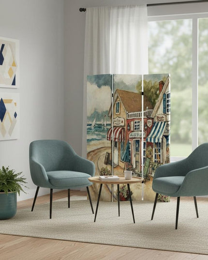 48 X 72 Multi Color Wood Canvas Seaside Town Slate  Screen