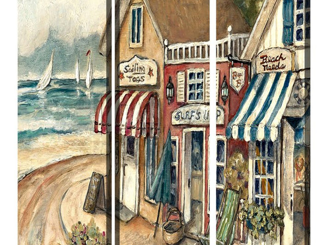 48 X 72 Multi Color Wood Canvas Seaside Town Slate  Screen