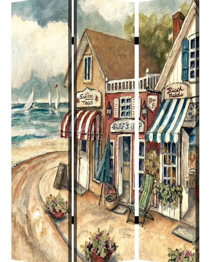 48 X 72 Multi Color Wood Canvas Seaside Town Slate  Screen