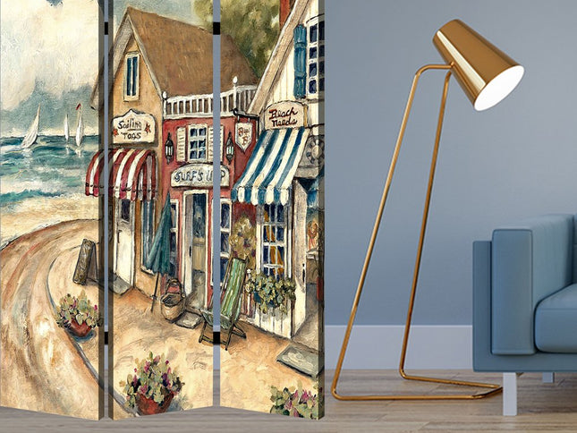 48 X 72 Multi Color Wood Canvas Seaside Town Slate  Screen