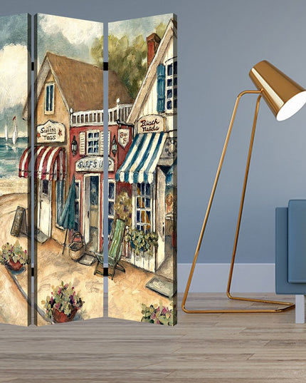 48 X 72 Multi Color Wood Canvas Seaside Town Slate  Screen