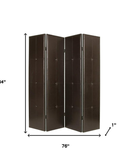 84" Brown Faux Leather Folding Four Panel Screen Room Divider